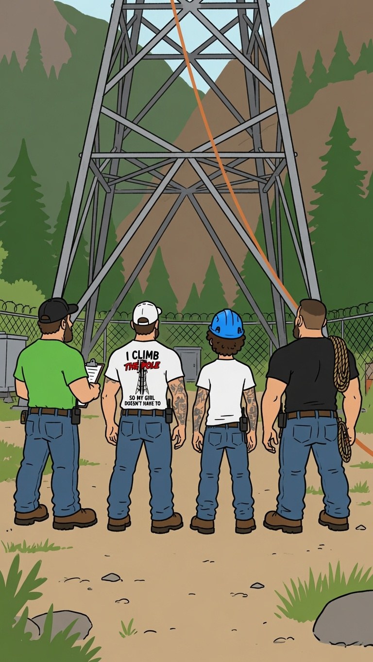 Tower crew looking up at a cell tower from the compound, new climber in a blue hard hat — first year on the towers, Altitude & Iron.