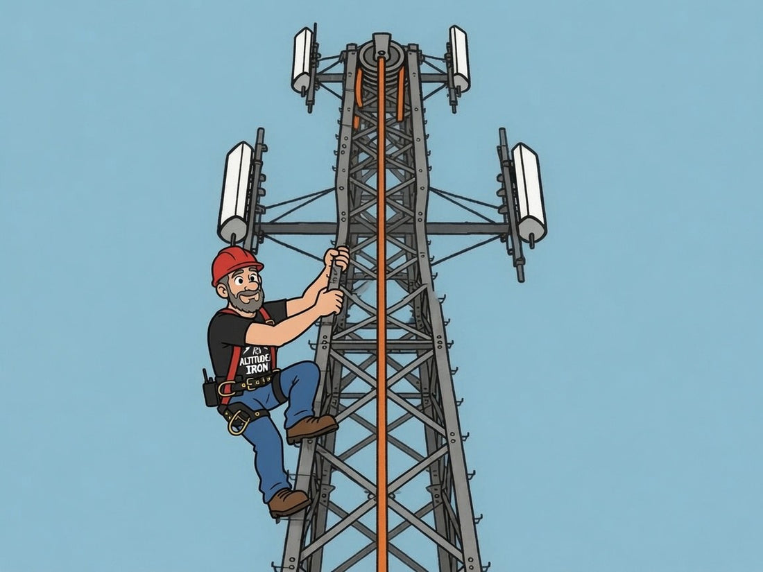 Illustrated tower climber in full harness climbing a cell tower — 100% tie-off fall protection, Altitude & Iron.
