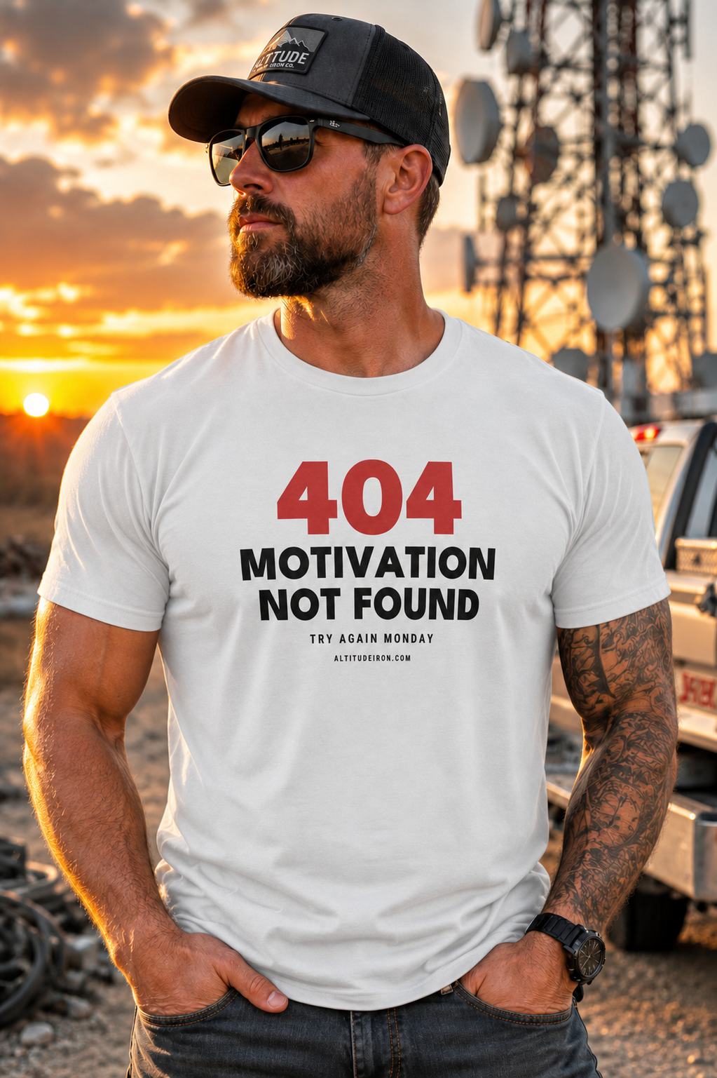 "404 Motivation Not Found" Funny Tech Humor Graphic Tee — Unisex Cotton T-Shirt | Altitude & Iron