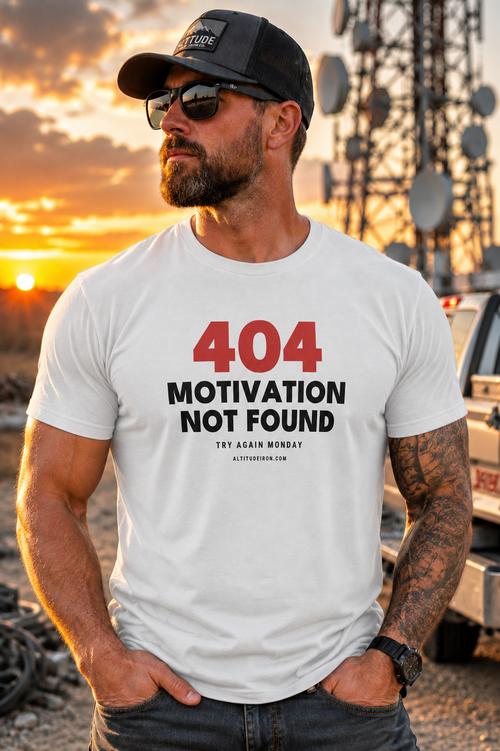 "404 Motivation Not Found" Funny Tech Humor Graphic Tee — Unisex Cotton T-Shirt | Altitude & Iron