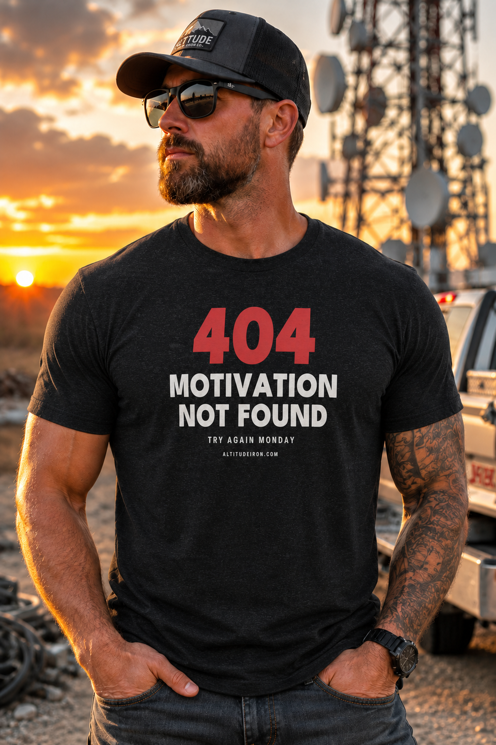 "404 Motivation Not Found" Funny Tech Humor Graphic Tee — Unisex Cotton T-Shirt | Altitude & Iron