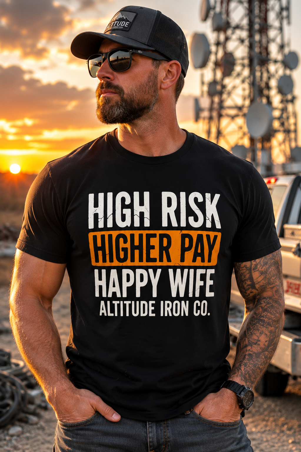 Altitude & Iron Co. High Risk Higher Pay Tee in Black — Lightweight Ring-Spun Cotton for Tower Crews