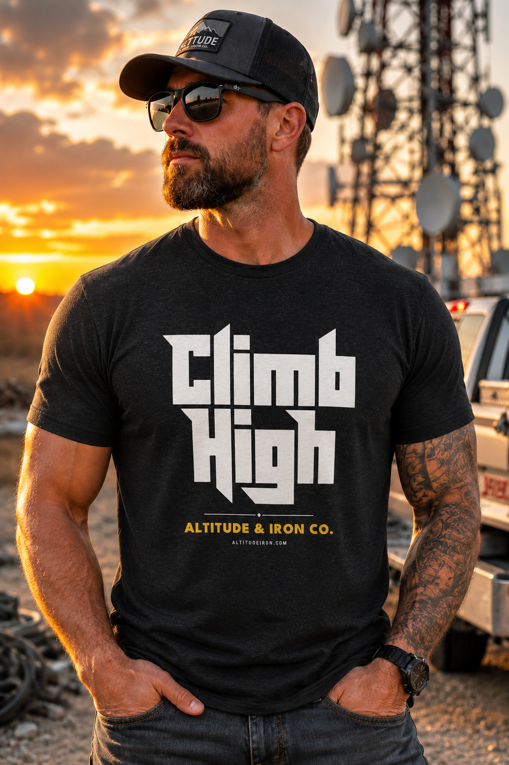 "Climb High" Tower Climber Graphic Tee — Unisex Soft Cotton T-Shirt | Altitude & Iron