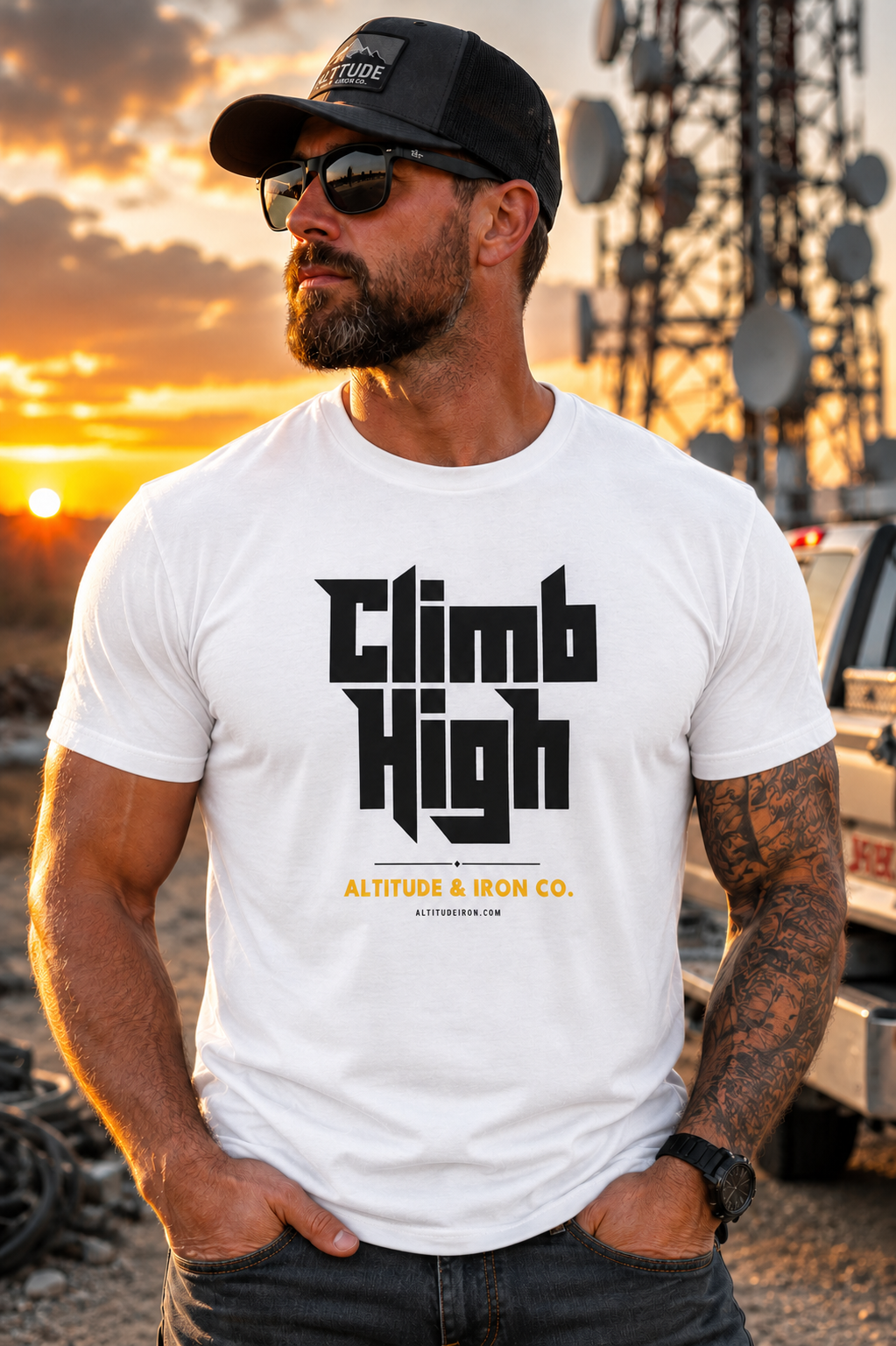 "Climb High" Tower Climber Graphic Tee — Unisex Soft Cotton T-Shirt | Altitude & Iron