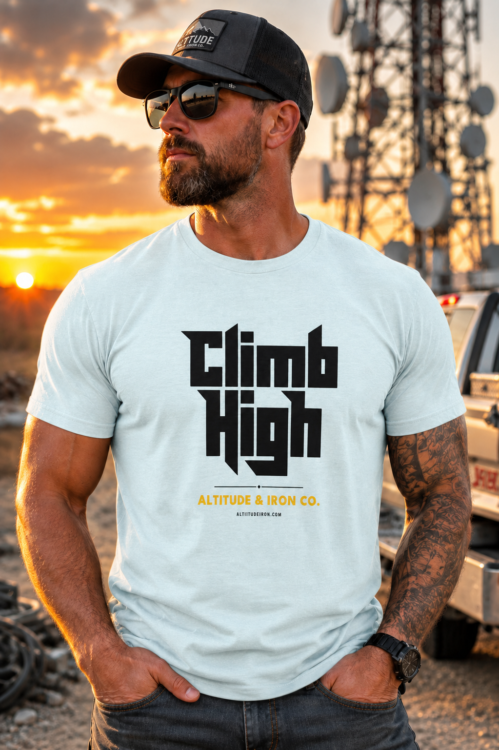 "Climb High" Tower Climber Graphic Tee — Unisex Soft Cotton T-Shirt | Altitude & Iron