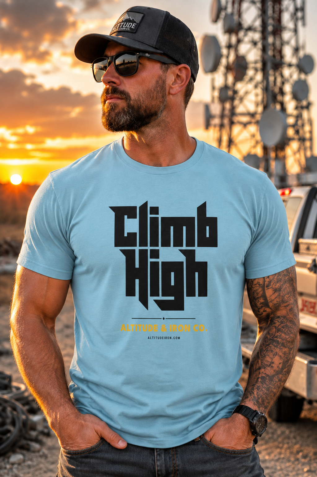 "Climb High" Tower Climber Graphic Tee — Unisex Soft Cotton T-Shirt | Altitude & Iron