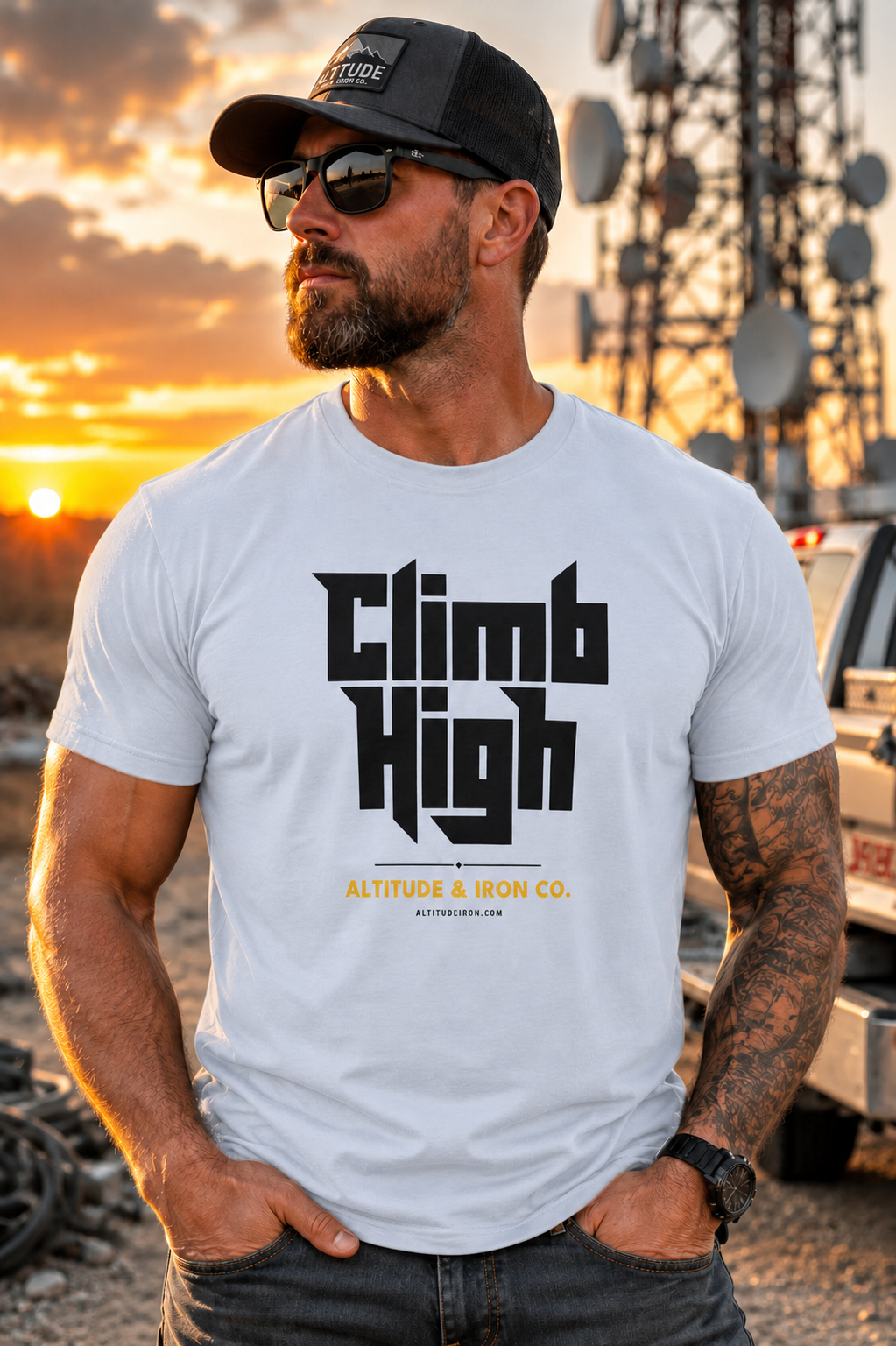 "Climb High" Tower Climber Graphic Tee — Unisex Soft Cotton T-Shirt | Altitude & Iron