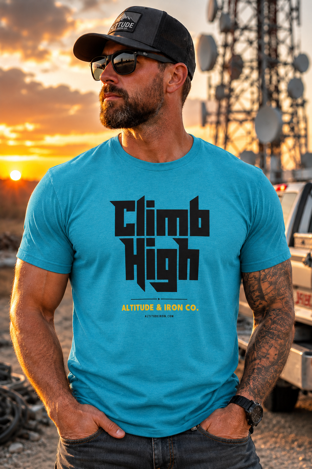 "Climb High" Tower Climber Graphic Tee — Unisex Soft Cotton T-Shirt | Altitude & Iron