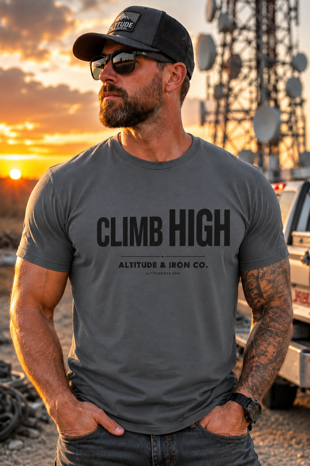 "Climb High" Hi-Vis & Neutral Tower Climber Graphic Tee — Unisex Neon Work T-Shirt | Altitude & Iron