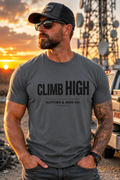 "Climb High" Hi-Vis & Neutral Tower Climber Graphic Tee — Unisex Neon Work T-Shirt | Altitude & Iron