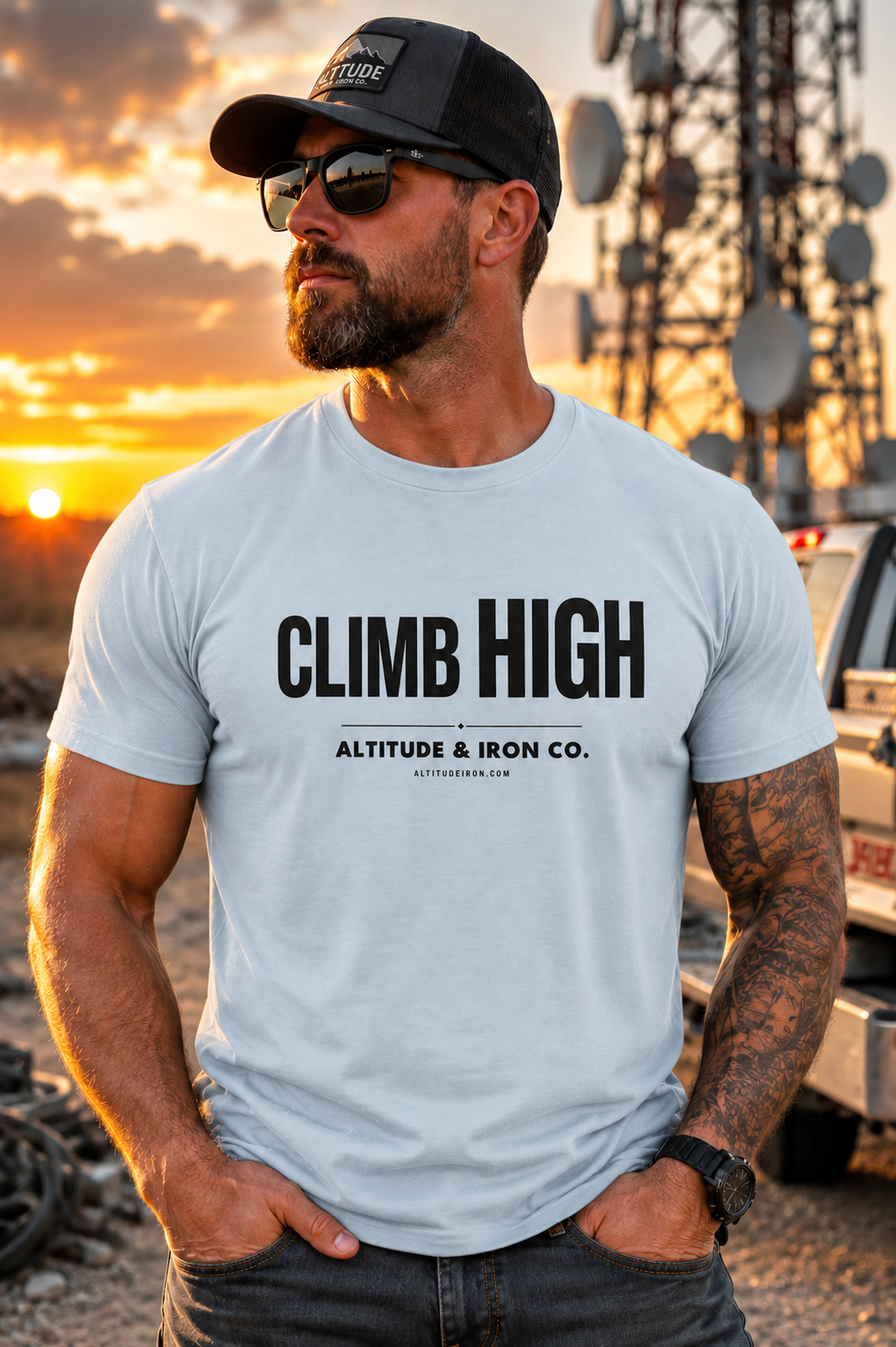 "Climb High" Hi-Vis & Neutral Tower Climber Graphic Tee — Unisex Neon Work T-Shirt | Altitude & Iron
