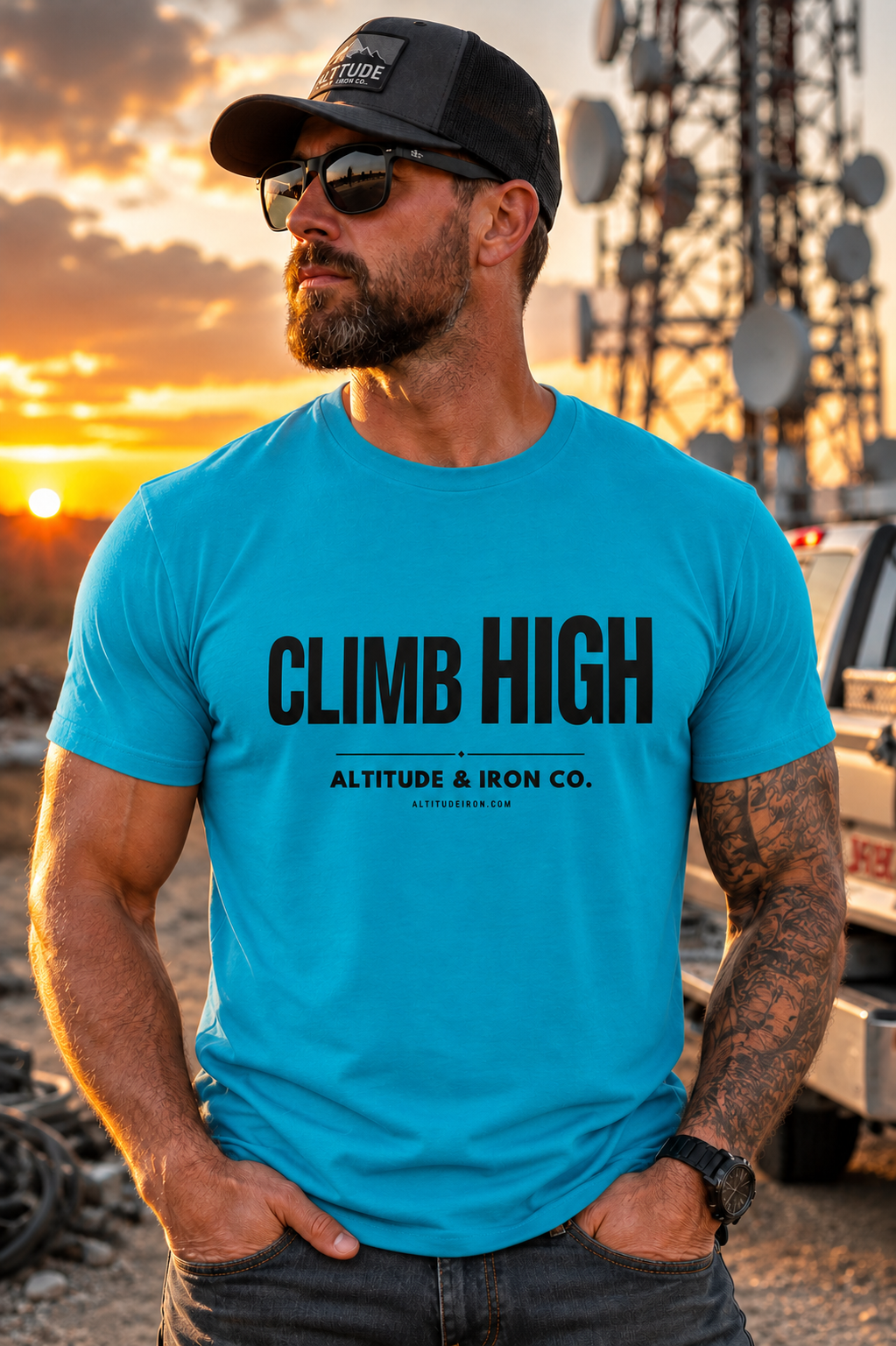 "Climb High" Hi-Vis & Neutral Tower Climber Graphic Tee — Unisex Neon Work T-Shirt | Altitude & Iron