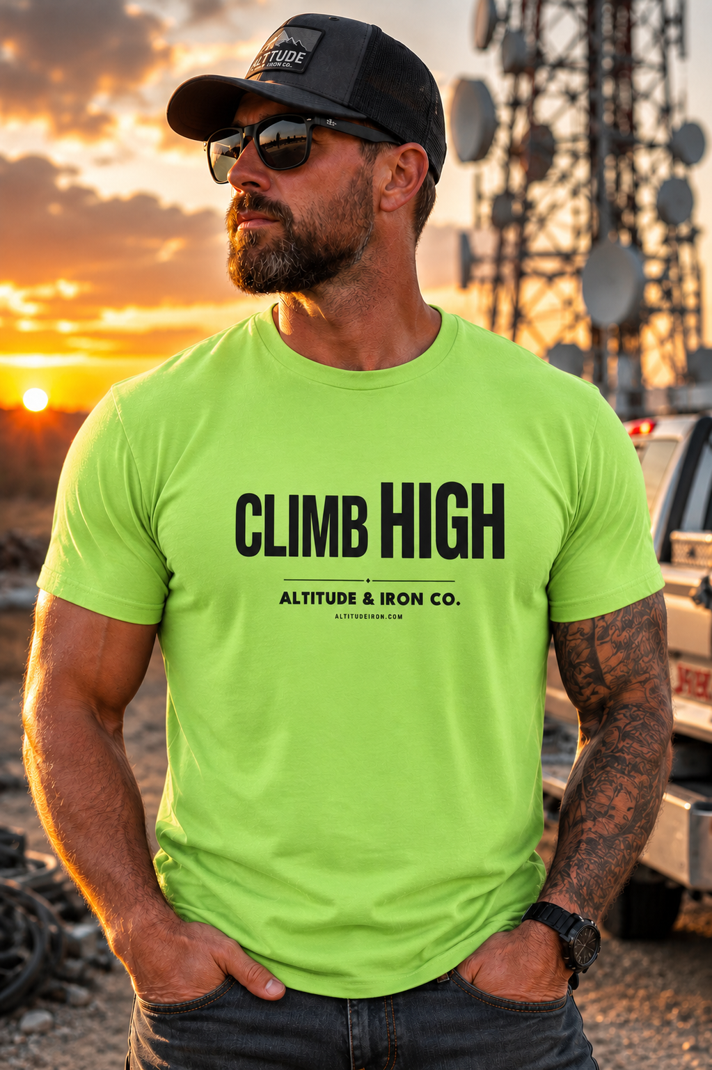 "Climb High" Hi-Vis & Neutral Tower Climber Graphic Tee — Unisex Neon Work T-Shirt | Altitude & Iron