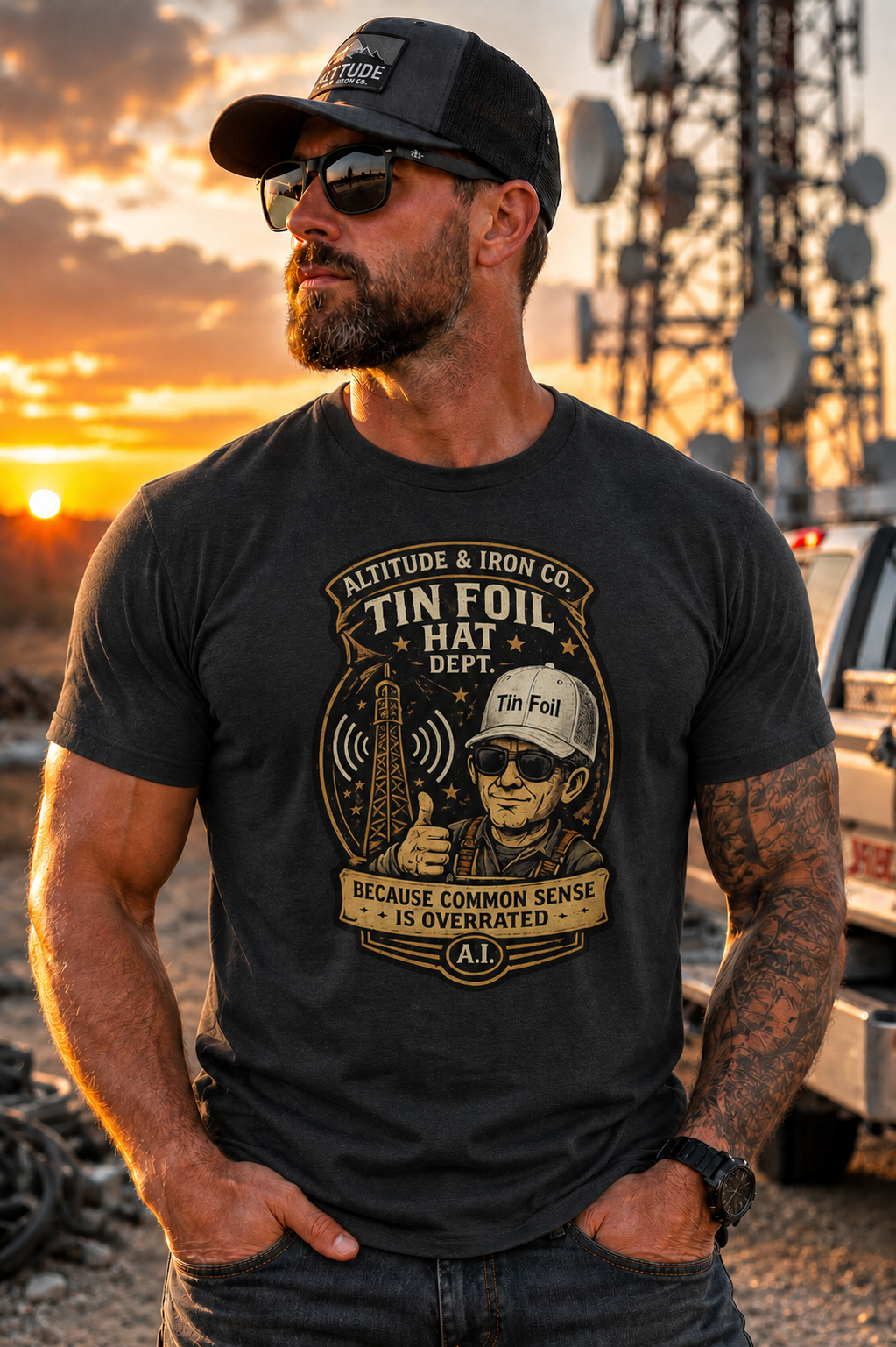 "Tin Foil Hat Dept." Funny Conspiracy Graphic Tee — Unisex Cotton T-Shirt | Altitude & Iron