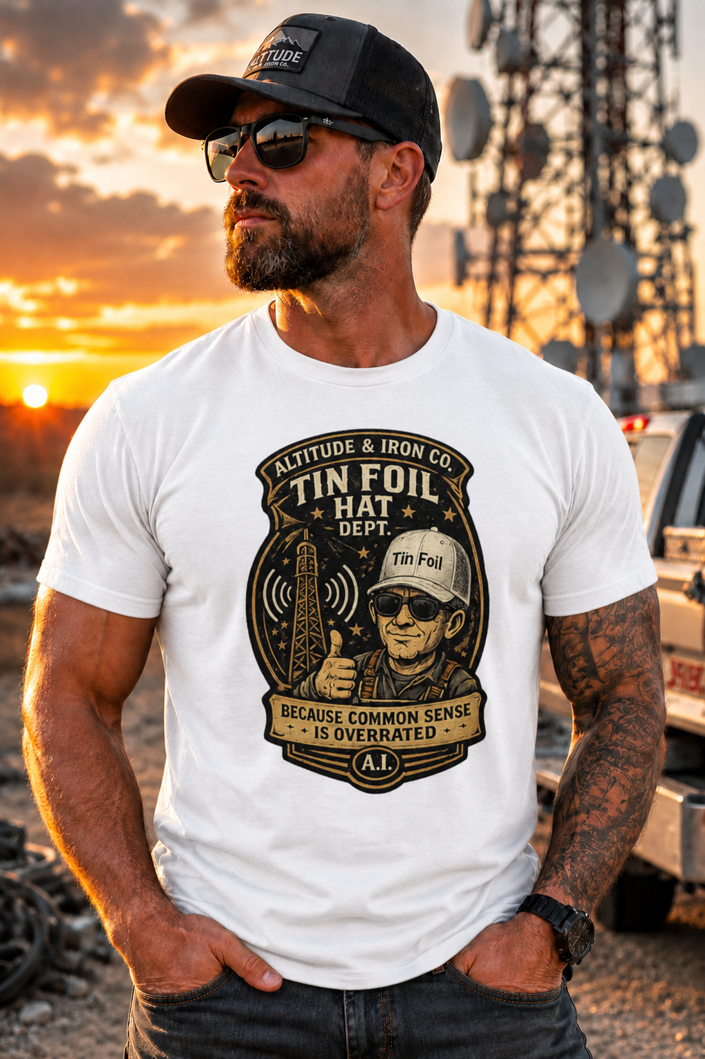 "Tin Foil Hat Dept." Funny Conspiracy Graphic Tee — Unisex Cotton T-Shirt | Altitude & Iron