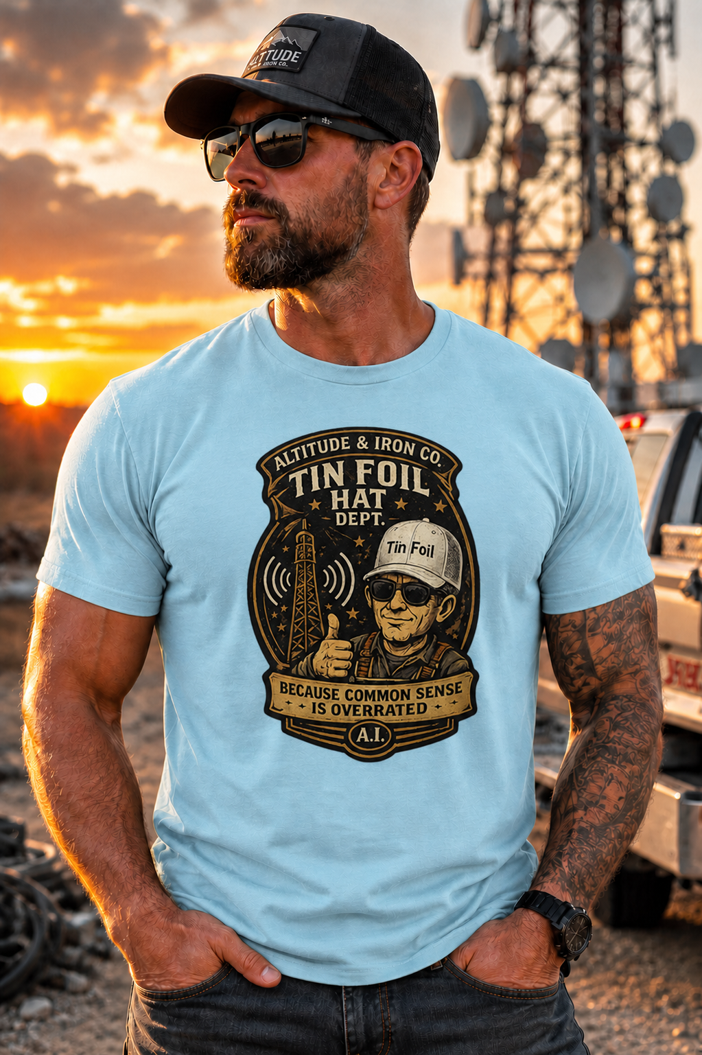 "Tin Foil Hat Dept." Funny Conspiracy Graphic Tee — Unisex Cotton T-Shirt | Altitude & Iron