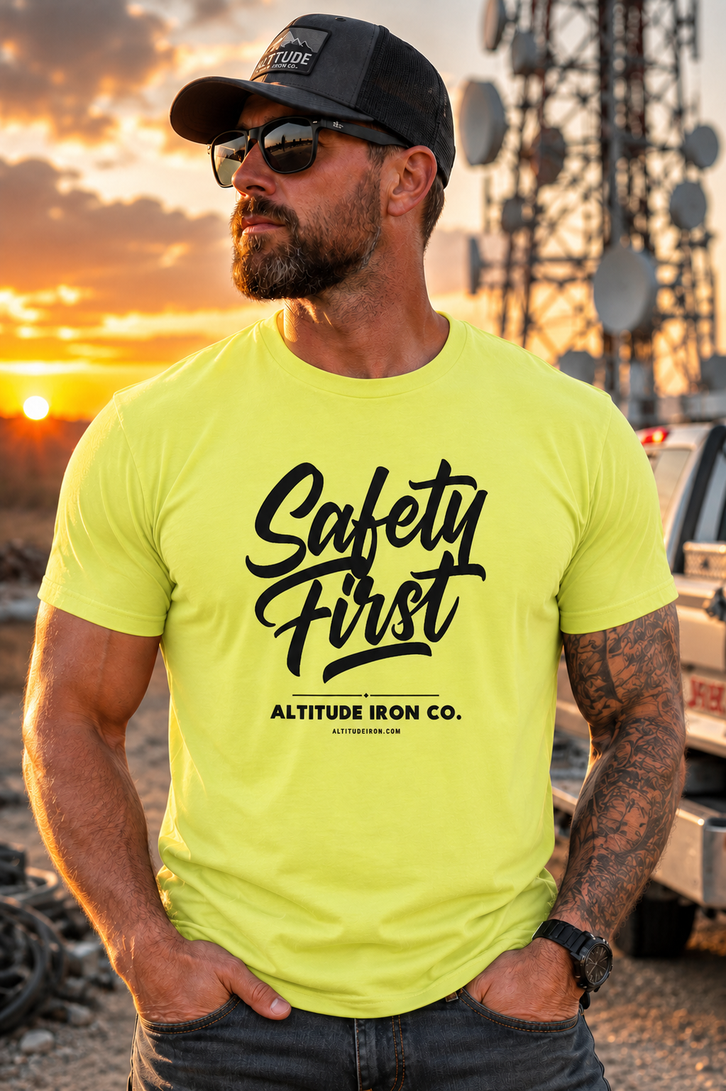 "Safety First" Hi-Vis Graphic Tee — Unisex Construction Work T-Shirt | Altitude & Iron