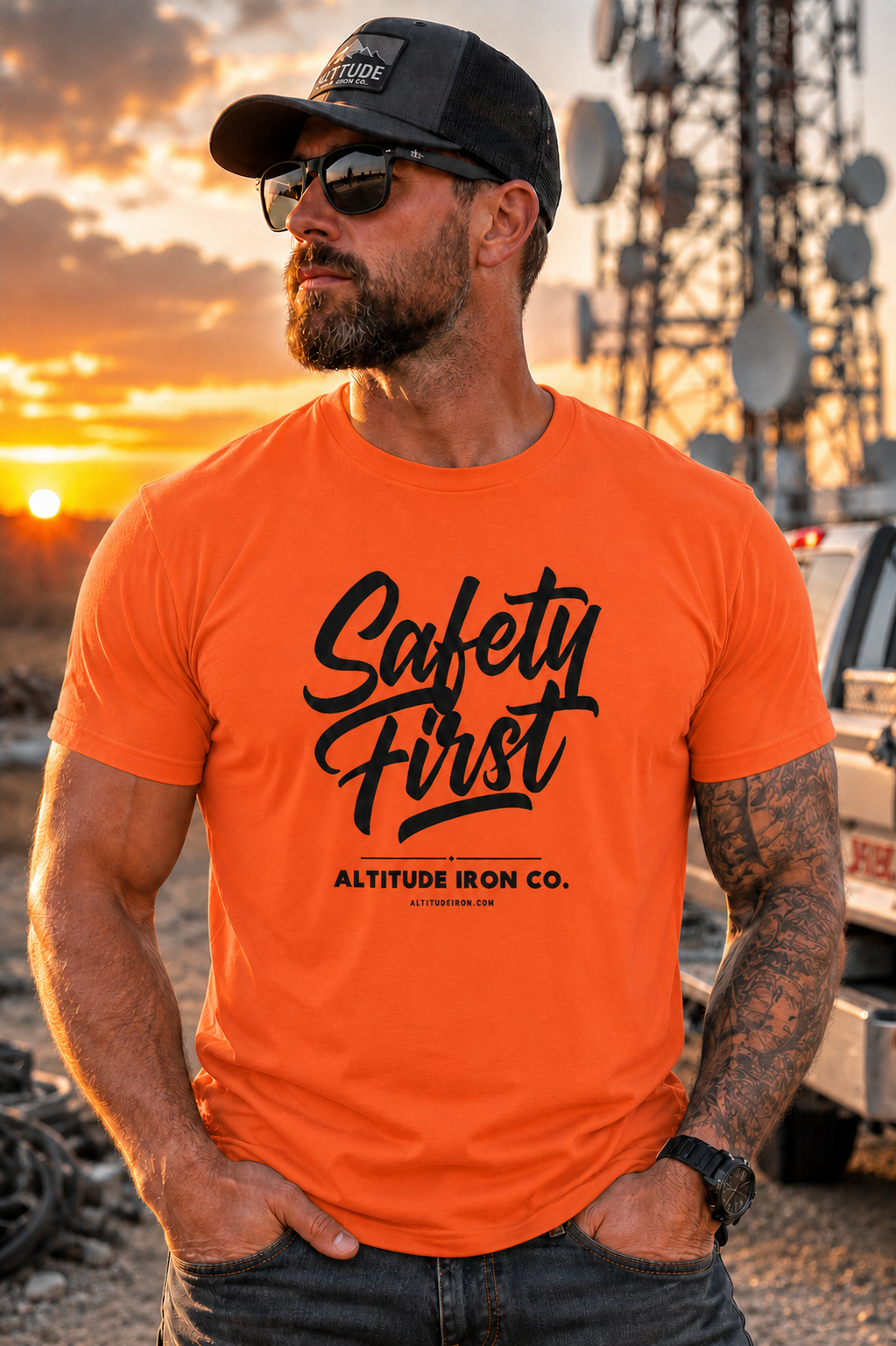 "Safety First" Hi-Vis Graphic Tee — Unisex Construction Work T-Shirt | Altitude & Iron