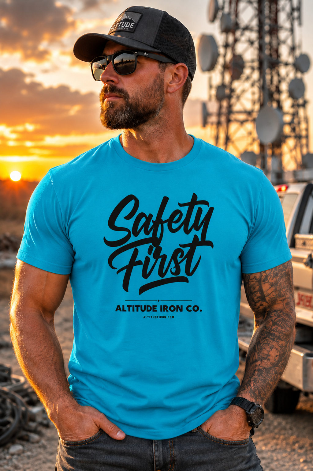 "Safety First" Hi-Vis Graphic Tee — Unisex Construction Work T-Shirt | Altitude & Iron