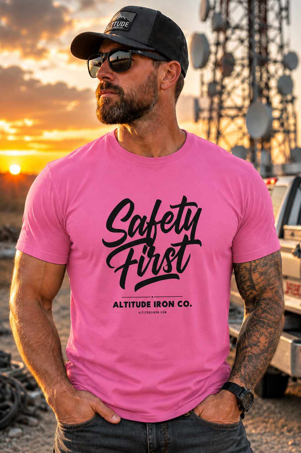 "Safety First" Hi-Vis Graphic Tee — Unisex Construction Work T-Shirt | Altitude & Iron