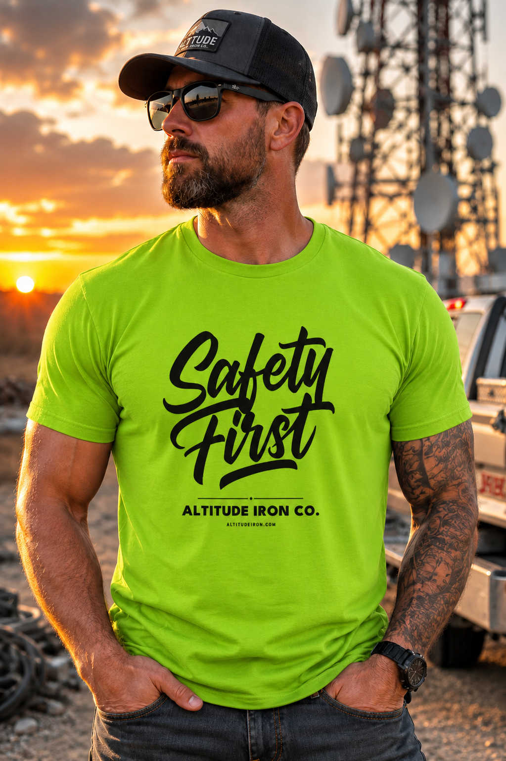 "Safety First" Hi-Vis Graphic Tee — Unisex Construction Work T-Shirt | Altitude & Iron