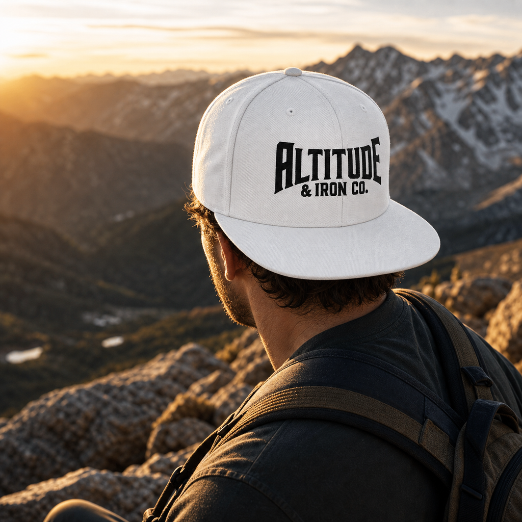 Classic Logo Snapback — White, an Altitude & Iron embroidered cap for tower climbers
