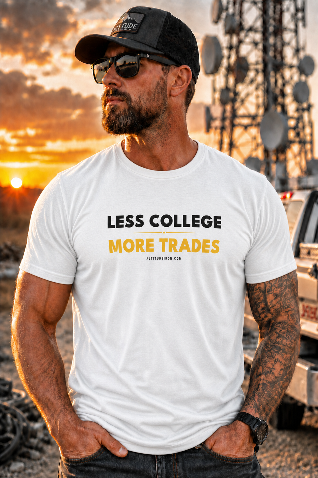 "Less College" Skilled Trades Graphic Tee — Unisex Tradesman T-Shirt | Altitude & Iron