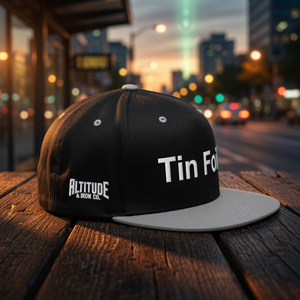Tin Foil Flat Bill Snapback — Dark Colorways, an Altitude & Iron embroidered cap for tower climbers