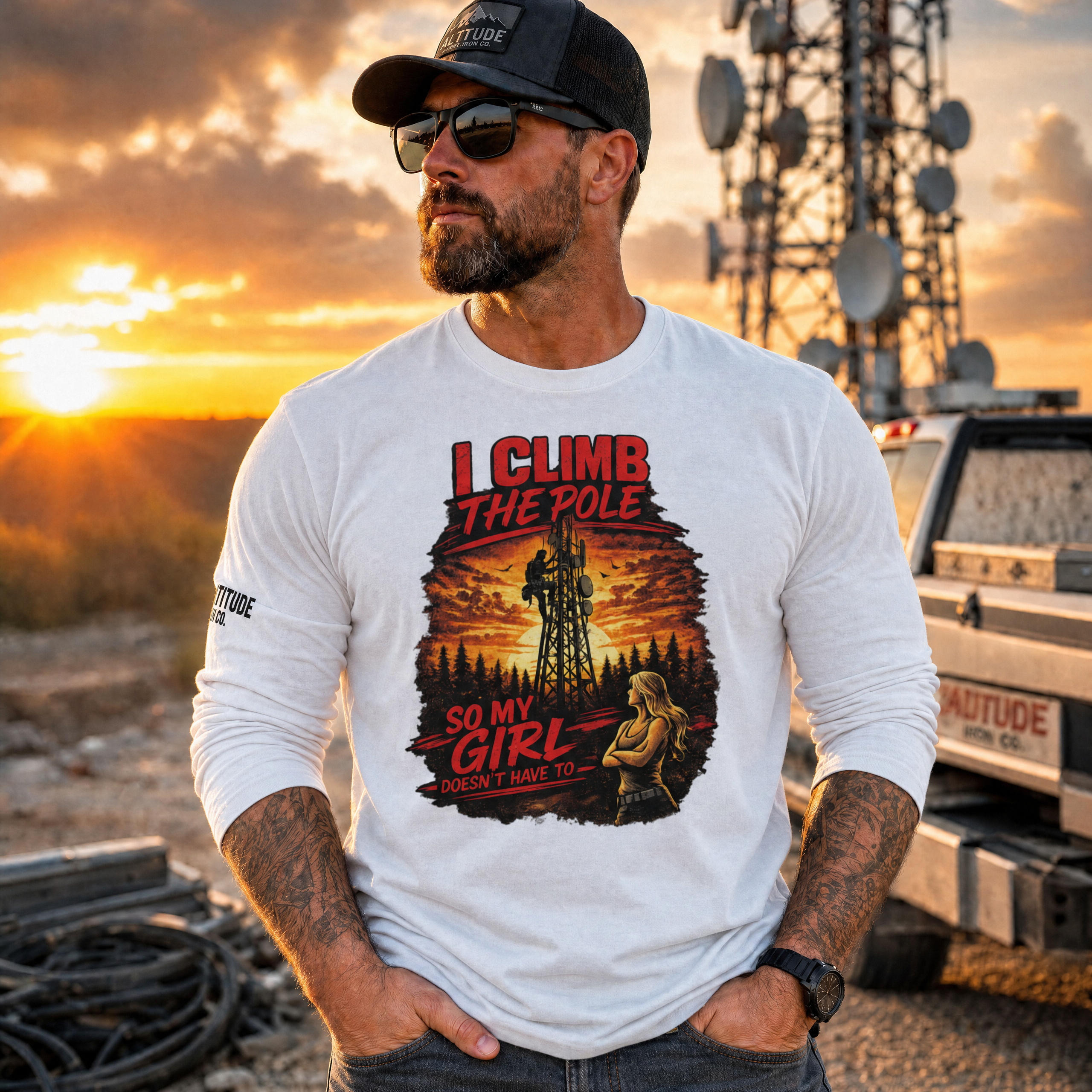 "I Climb The Pole" Tower Hand Graphic Tee — Unisex Sunset Monopole Tee | Altitude & Iron
