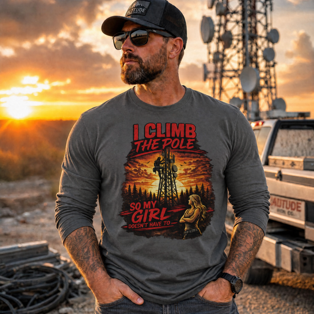"I Climb The Pole" Tower Hand Graphic Tee — Unisex Sunset Monopole Tee | Altitude & Iron