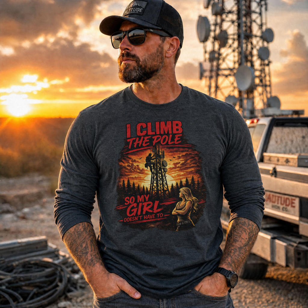 "I Climb The Pole" Tower Hand Graphic Tee — Unisex Sunset Monopole Tee | Altitude & Iron
