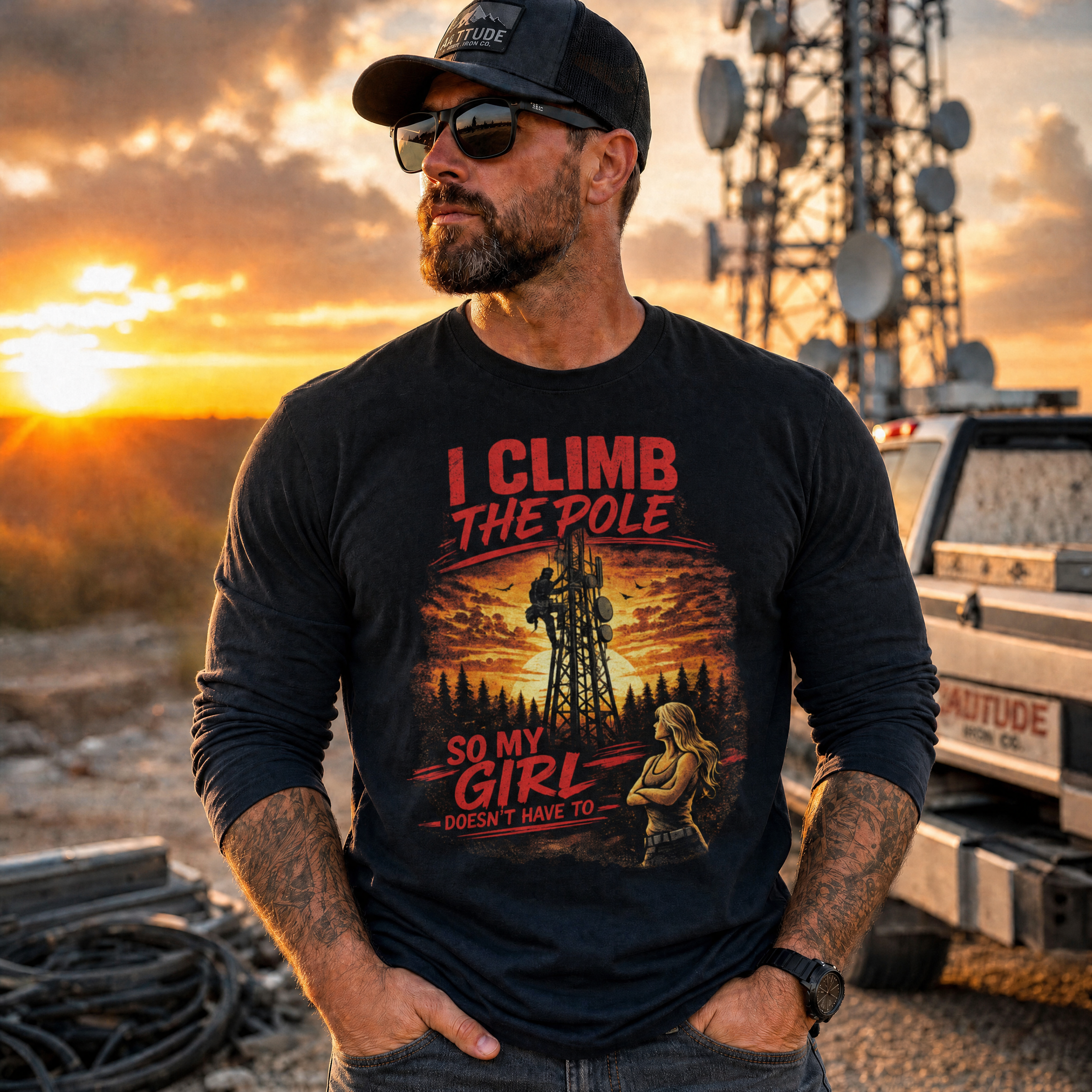 "I Climb The Pole" Tower Hand Graphic Tee — Unisex Sunset Monopole Tee | Altitude & Iron