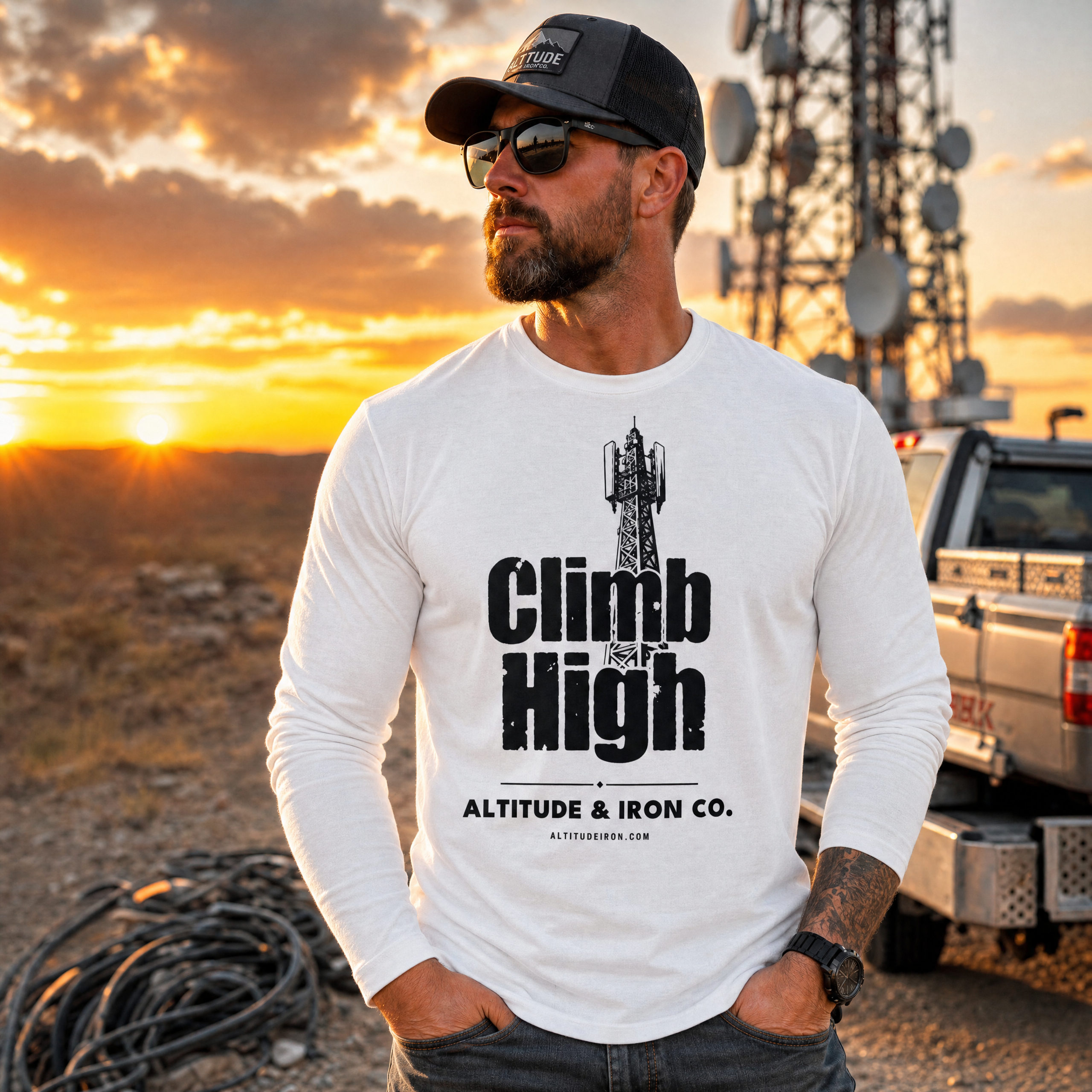 "Climb High" Tower Climber Long Sleeve Tee — Unisex Trade Shirt | Altitude & Iron
