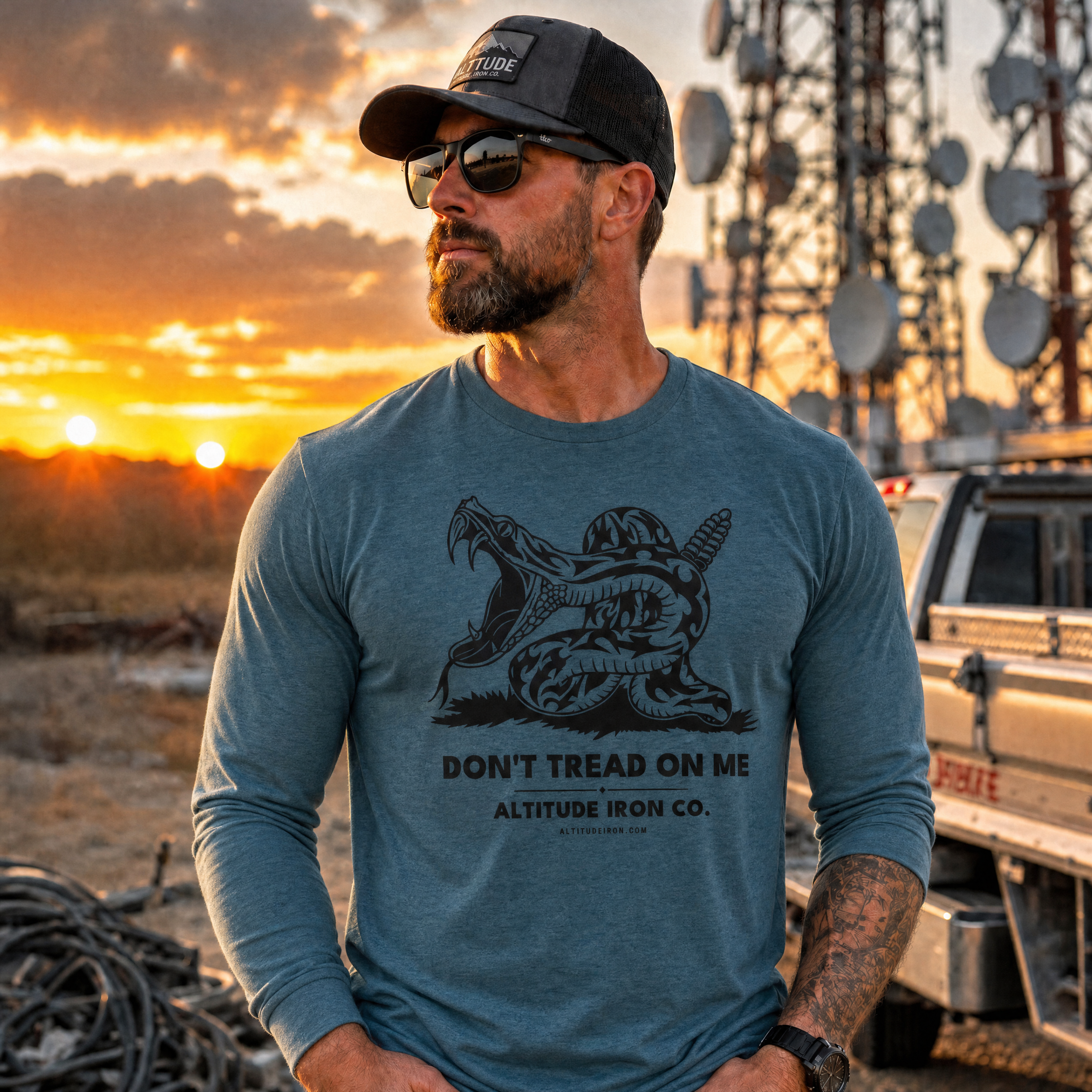 "Don't Tread On Me" Patriotic Long Sleeve Tee — Unisex Cotton Work Shirt | Altitude & Iron
