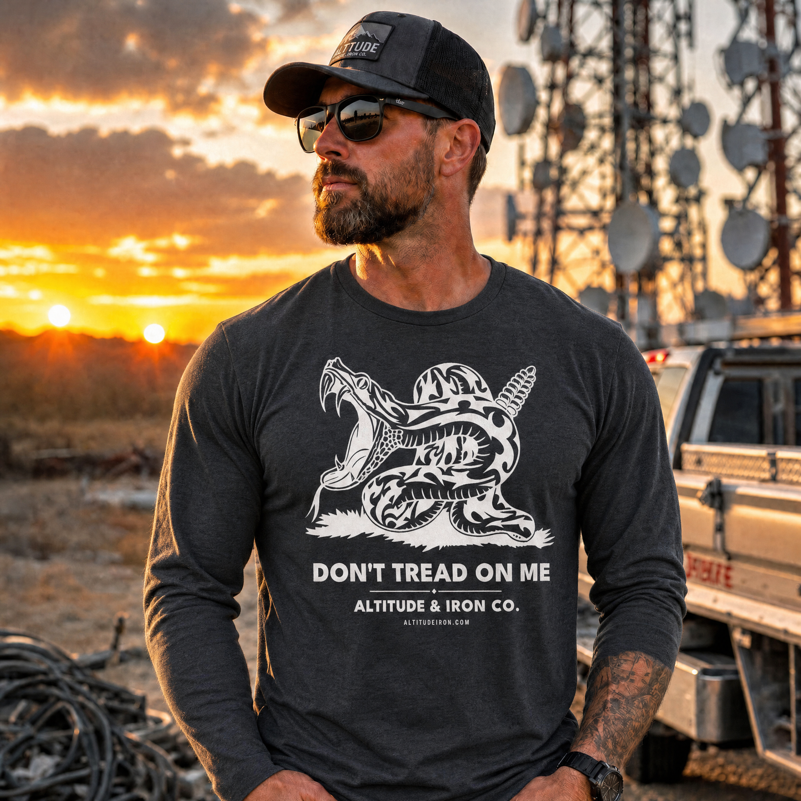 "Don't Tread On Me" Patriotic Long Sleeve Tee — Unisex Cotton Work Shirt | Altitude & Iron