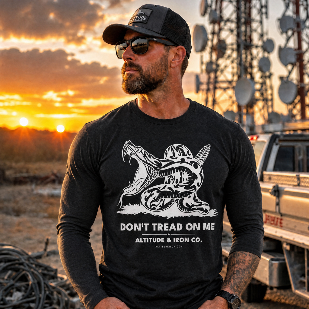 "Don't Tread On Me" Patriotic Long Sleeve Tee — Unisex Cotton Work Shirt | Altitude & Iron