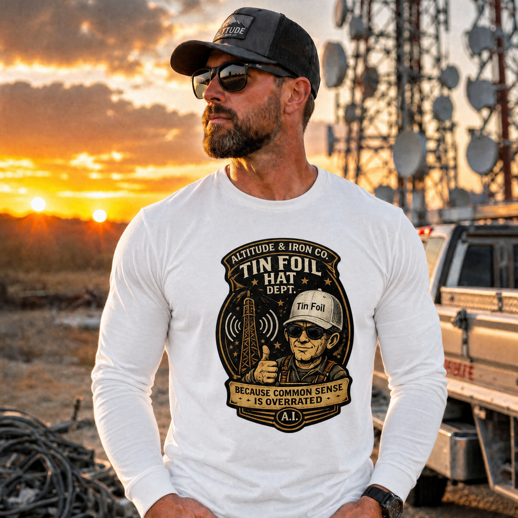 "Tin Foil Hat Dept." Funny Conspiracy Long Sleeve Tee — Unisex Cotton Shirt | Altitude & Iron