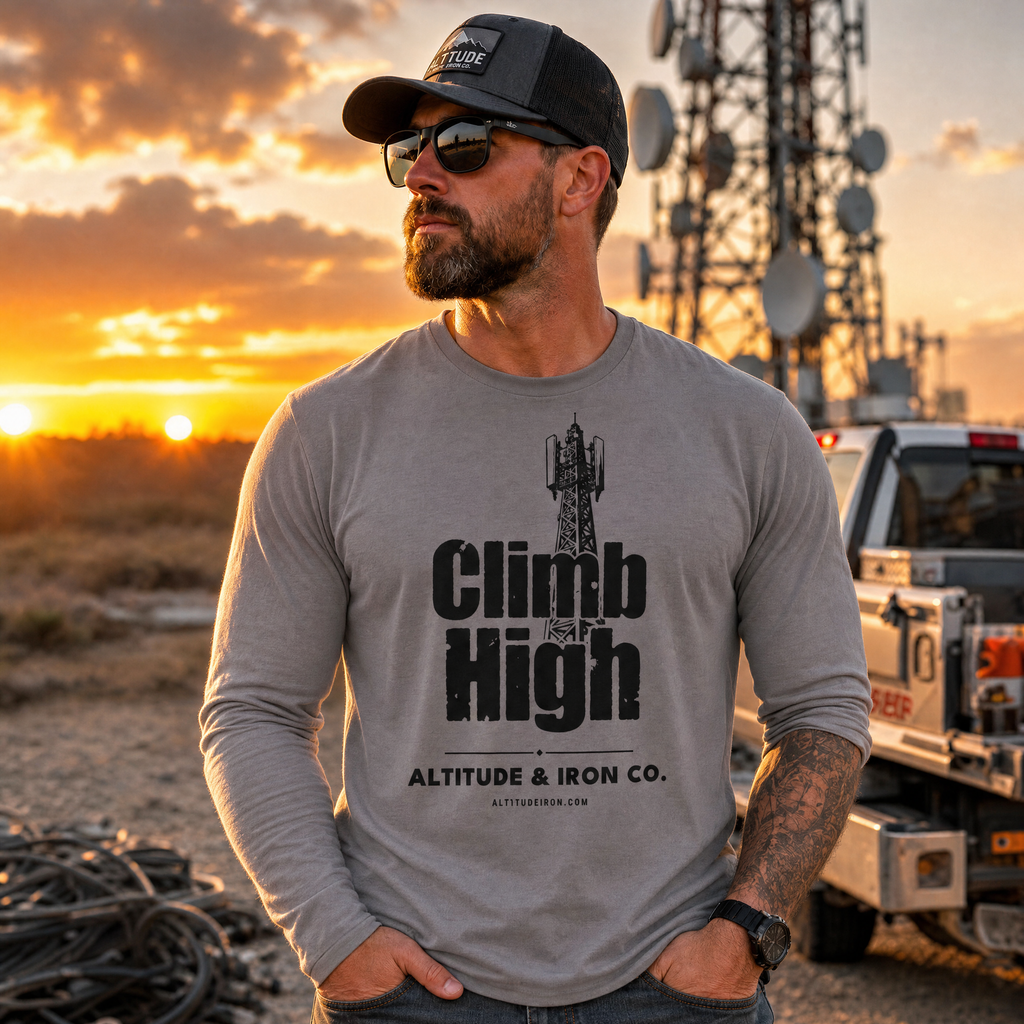 "Climb High" Tower Climber Long Sleeve Tee — Unisex Trade Shirt | Altitude & Iron