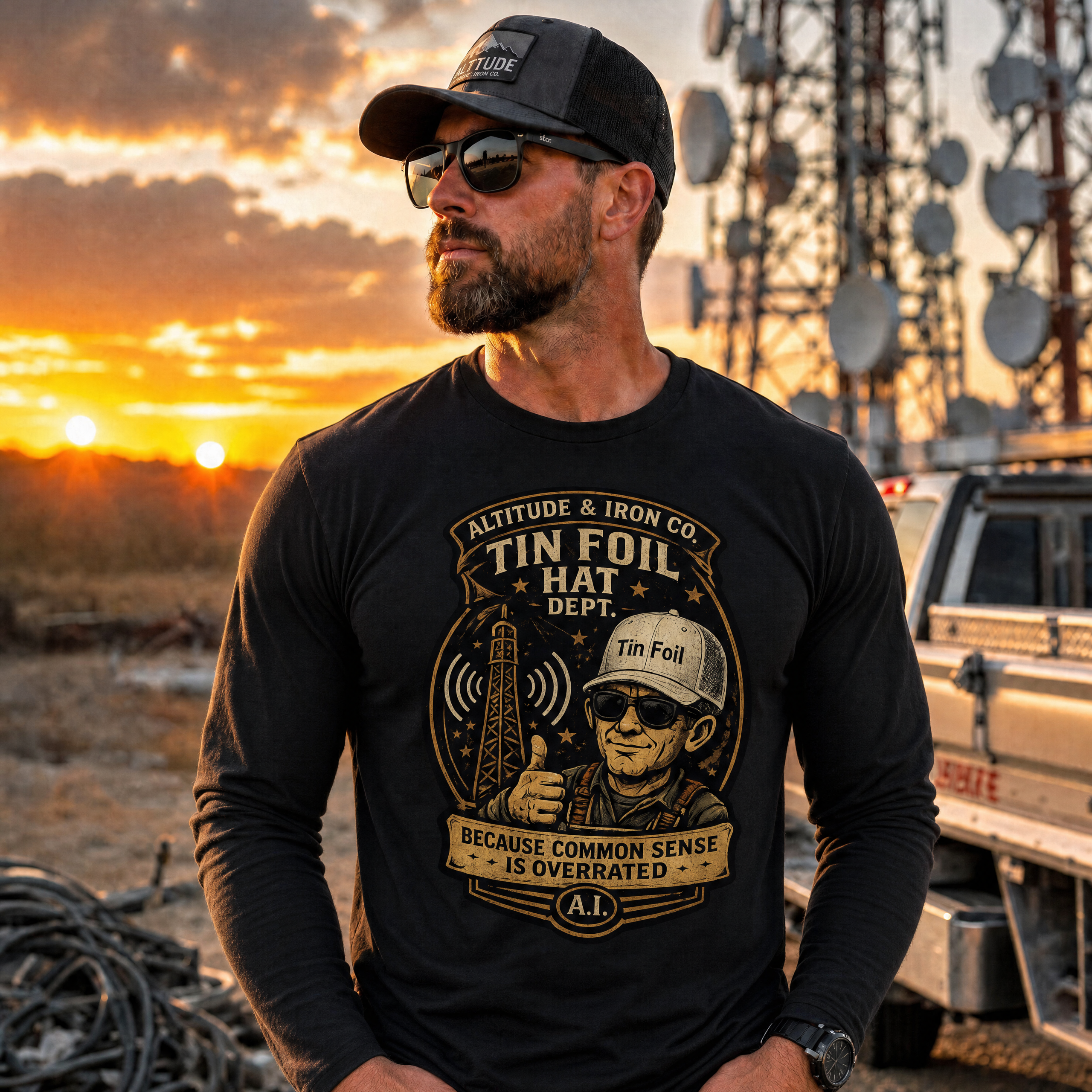 "Tin Foil Hat Dept." Funny Conspiracy Long Sleeve Tee — Unisex Cotton Shirt | Altitude & Iron