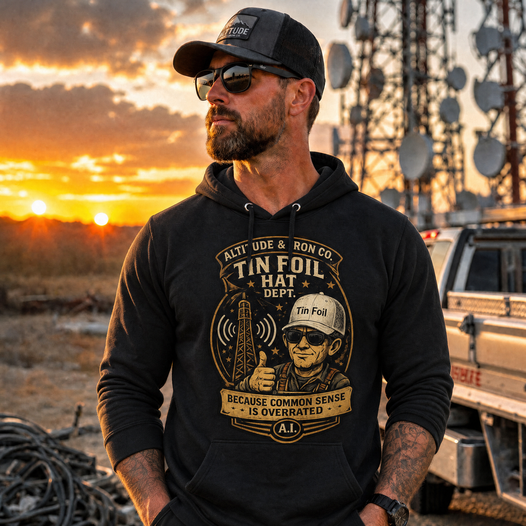 "Tin Foil Hat Dept." Funny Conspiracy Hoodie — Unisex Fleece Pullover | Altitude & Iron