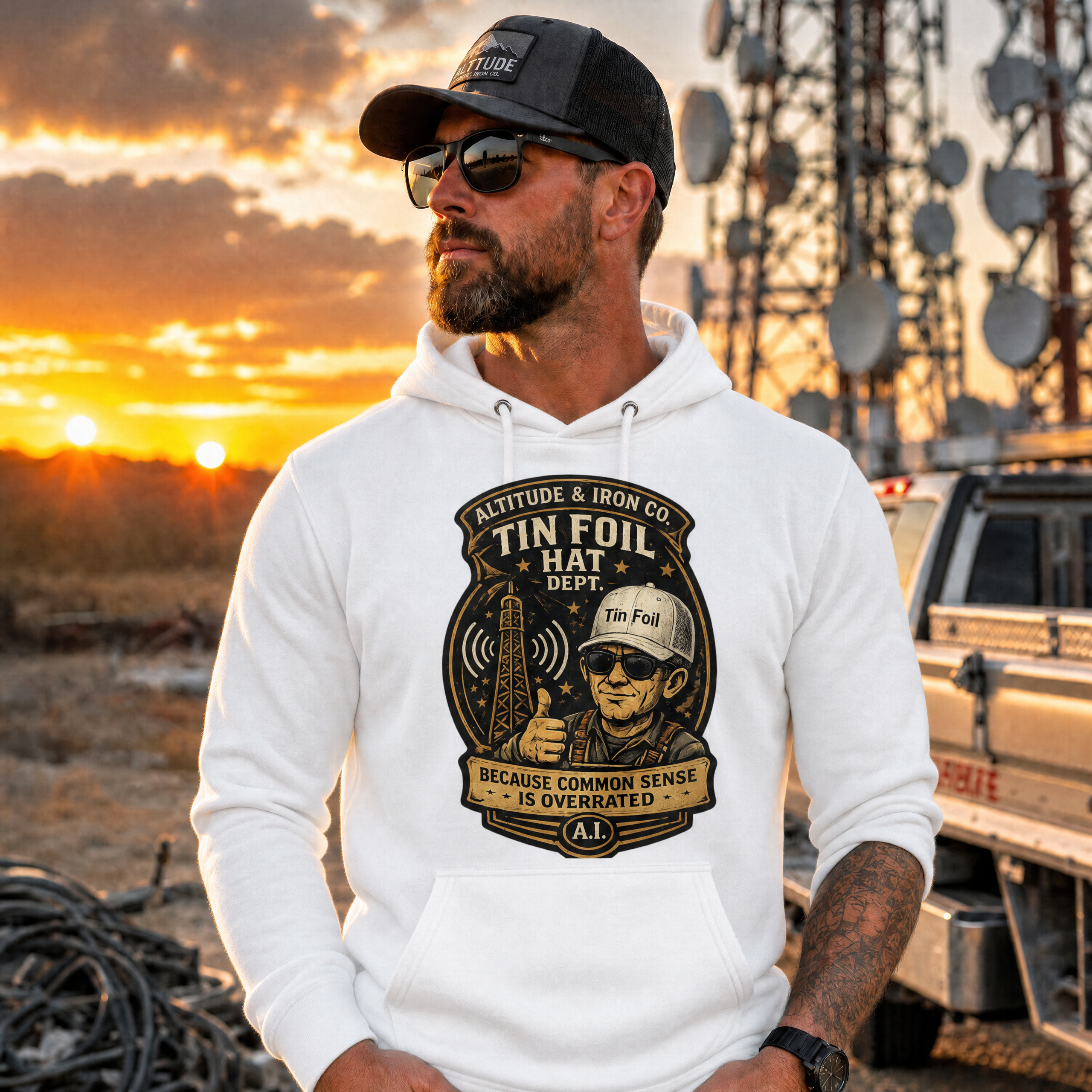 "Tin Foil Hat Dept." Funny Conspiracy Hoodie — Unisex Fleece Pullover | Altitude & Iron