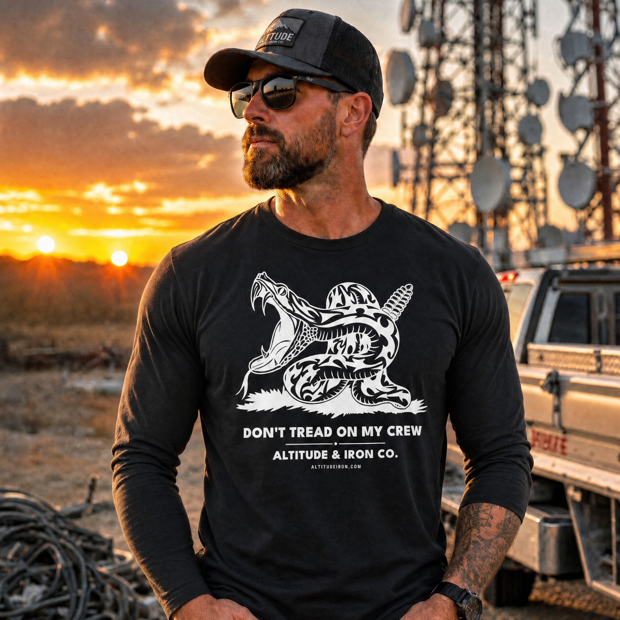 "Don't Tread On My Crew" Patriotic Long Sleeve Tee — Unisex Cotton Work Shirt | Altitude & Iron