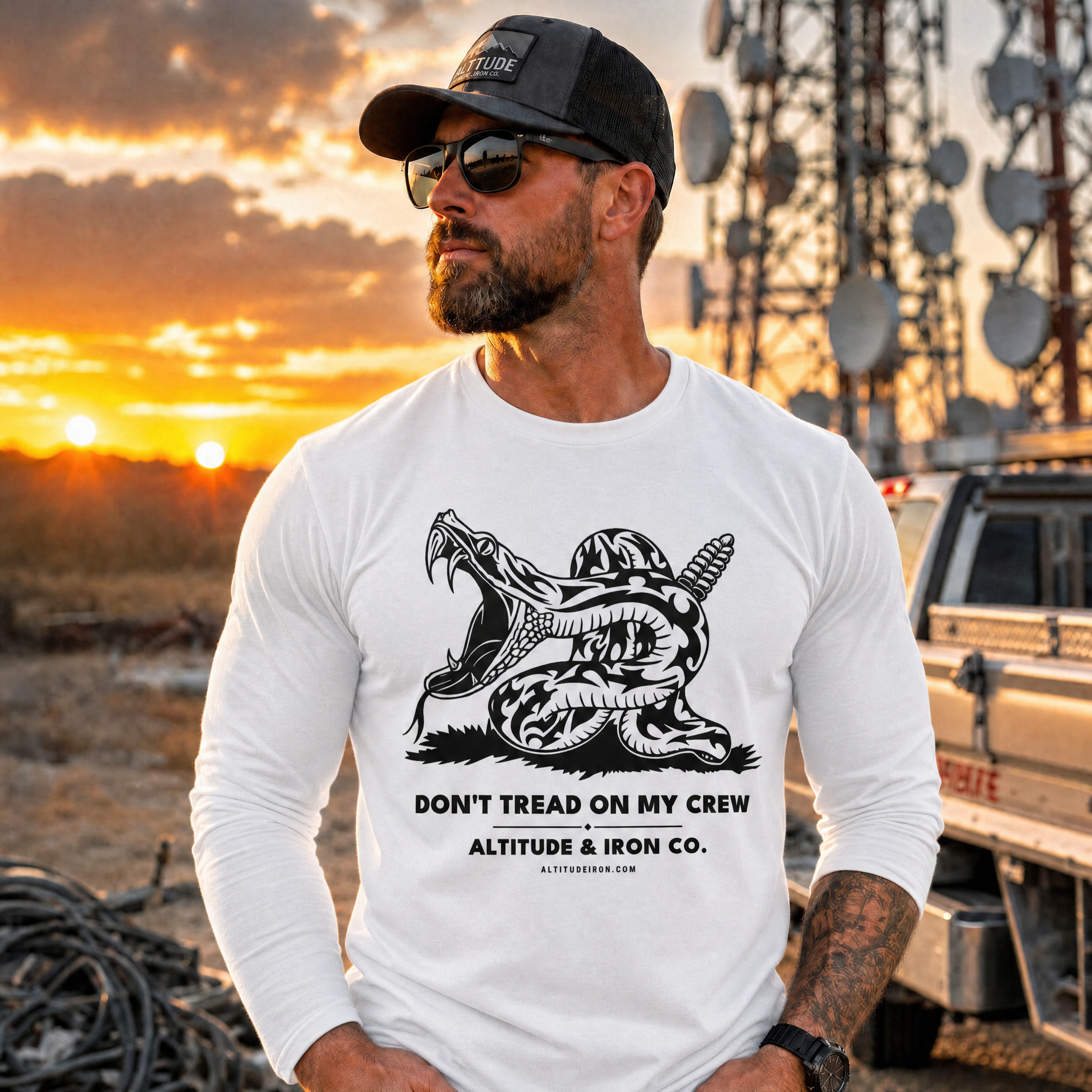 "Don't Tread On My Crew" Patriotic Long Sleeve Tee — Unisex Cotton Work Shirt | Altitude & Iron
