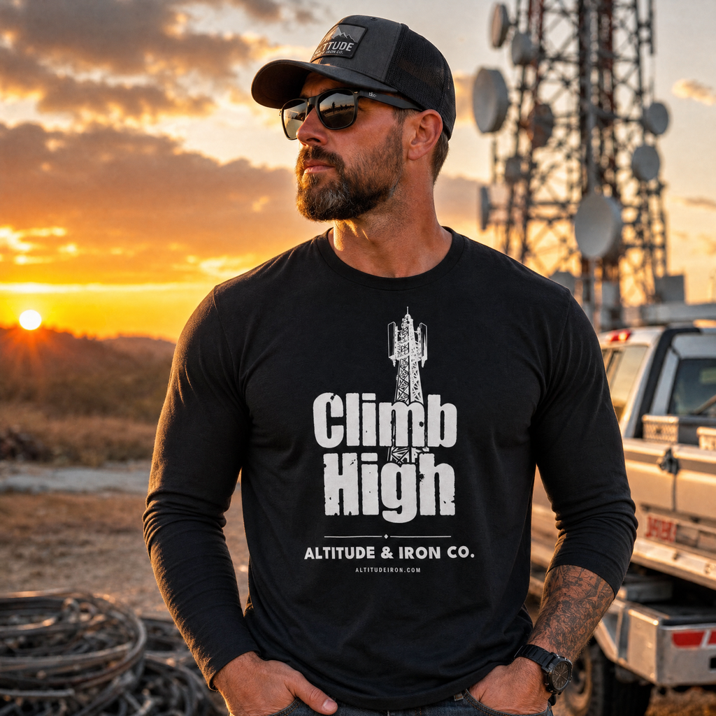 "Climb High" Tower Climber Long Sleeve Tee — Unisex Trade Shirt | Altitude & Iron