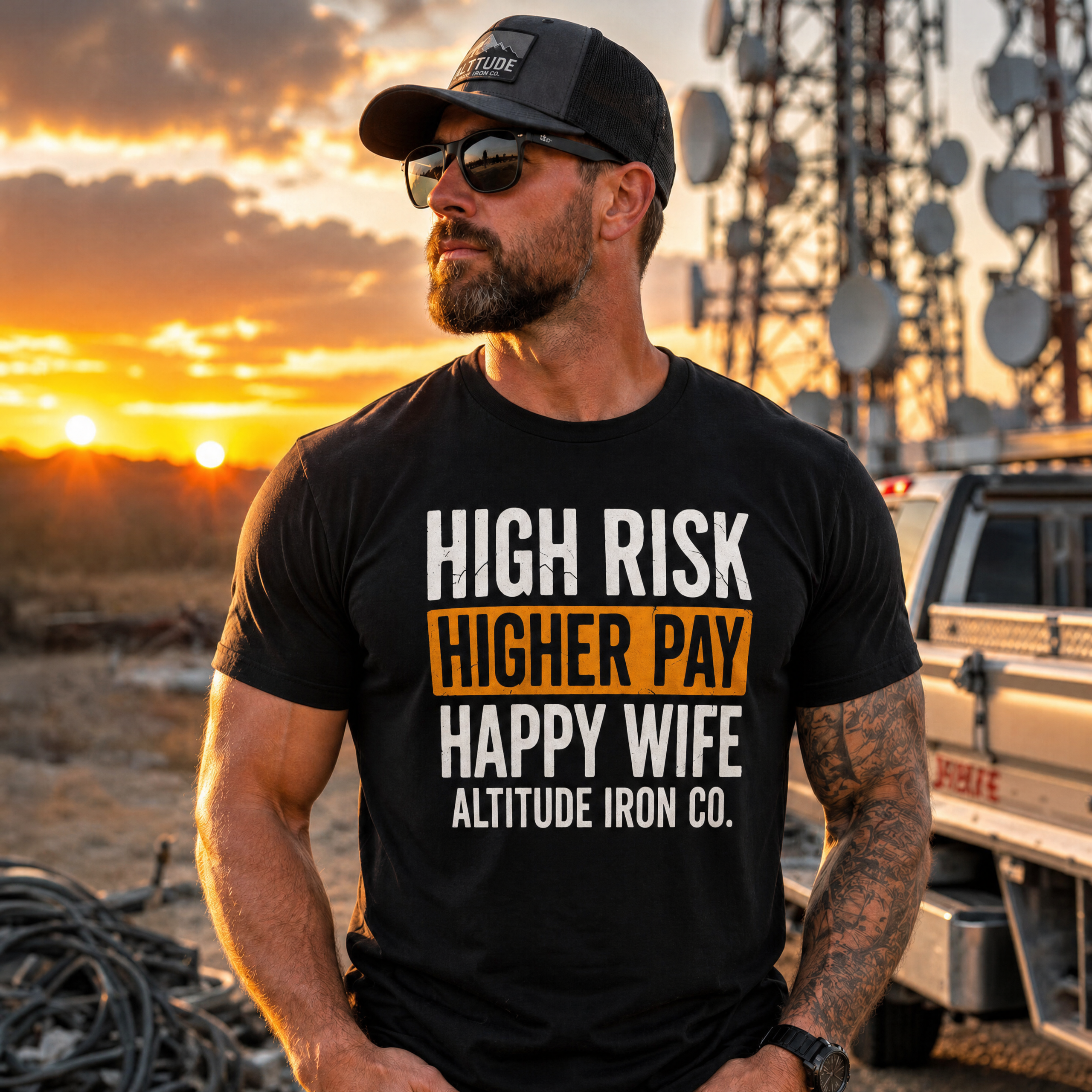 "High Risk, Higher Pay, Happy Wife" Tower Climber Graphic Tee — Unisex Premium Tee | Altitude & Iron