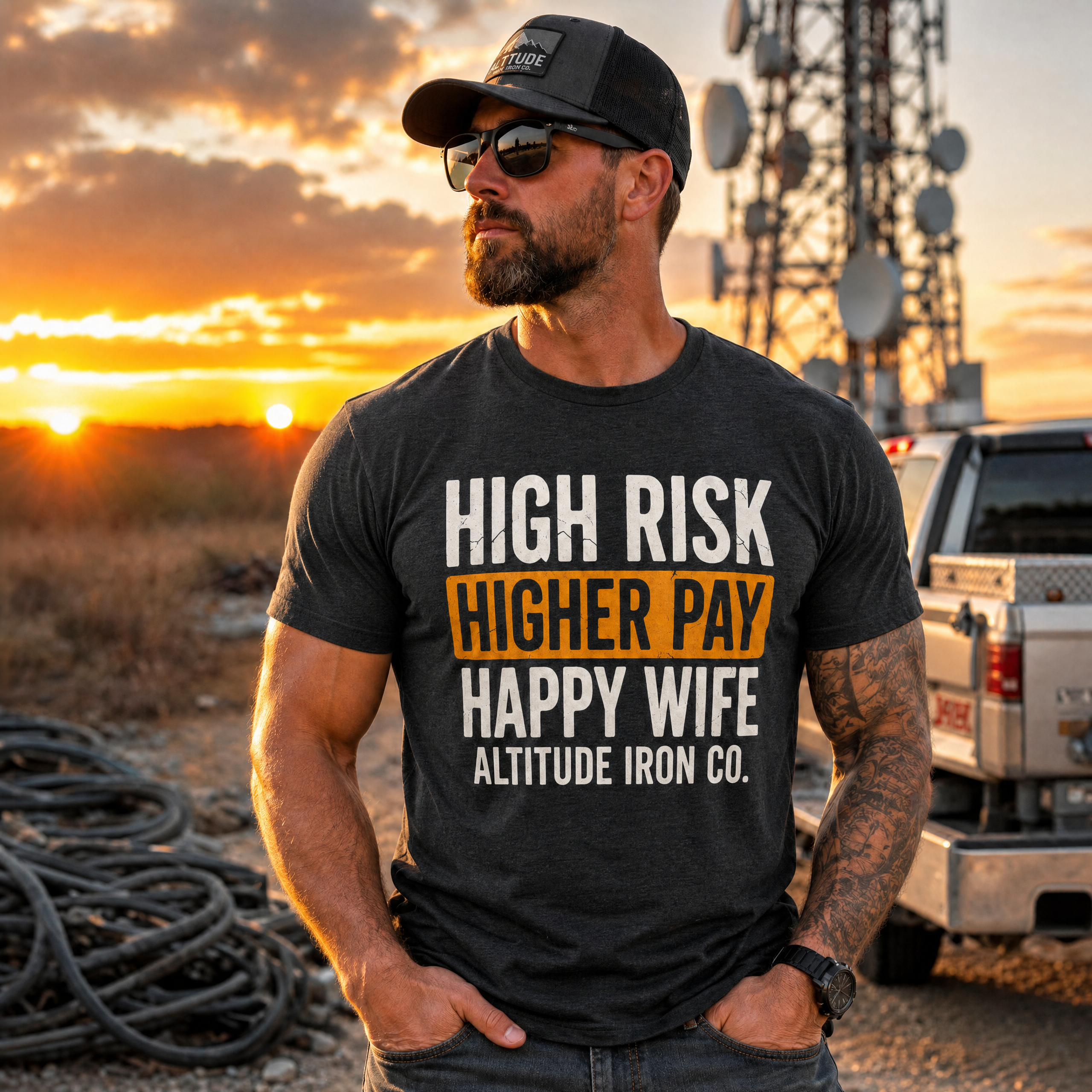 "High Risk, Higher Pay, Happy Wife" Tower Climber Graphic Tee — Unisex Premium Tee | Altitude & Iron