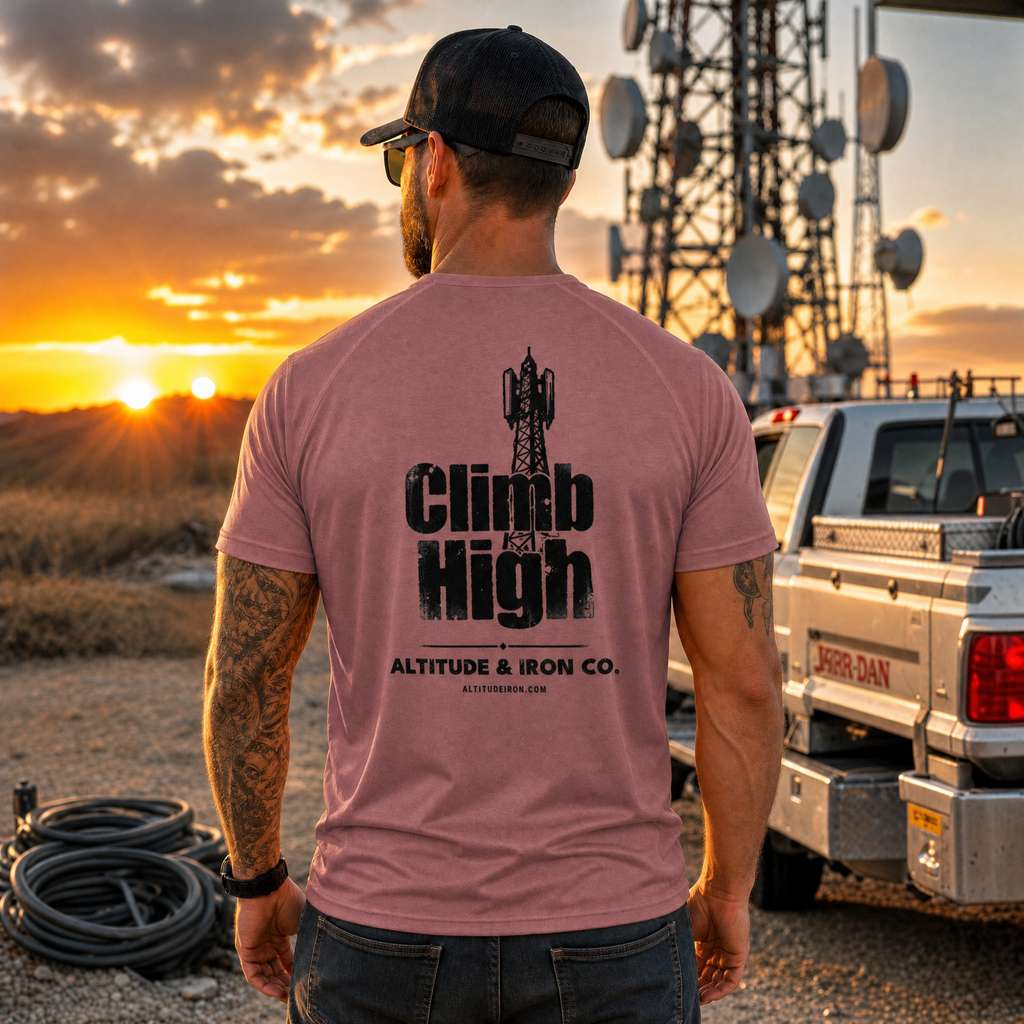 "Climb High" Tower Climber Graphic Tee — Unisex Trade T-Shirt | Altitude & Iron