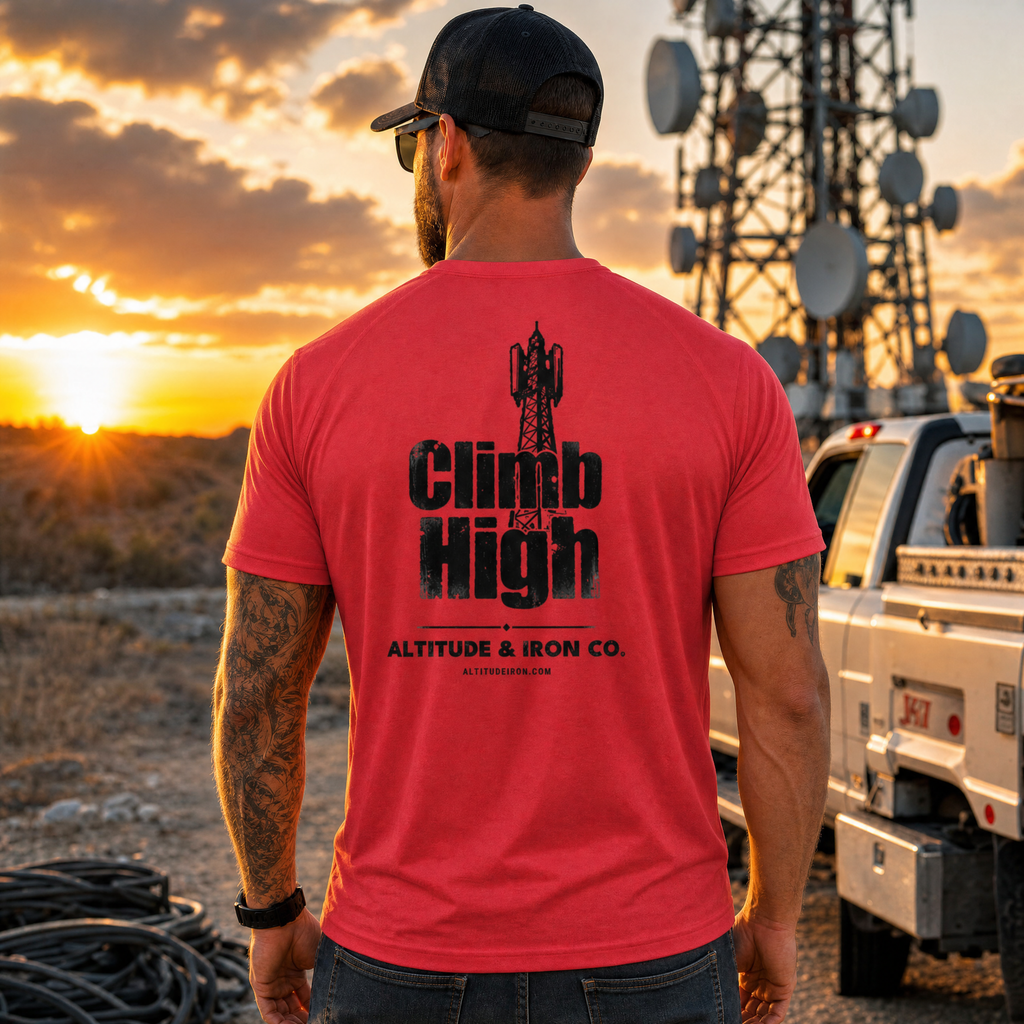 "Climb High" Tower Climber Graphic Tee — Unisex Trade T-Shirt | Altitude & Iron