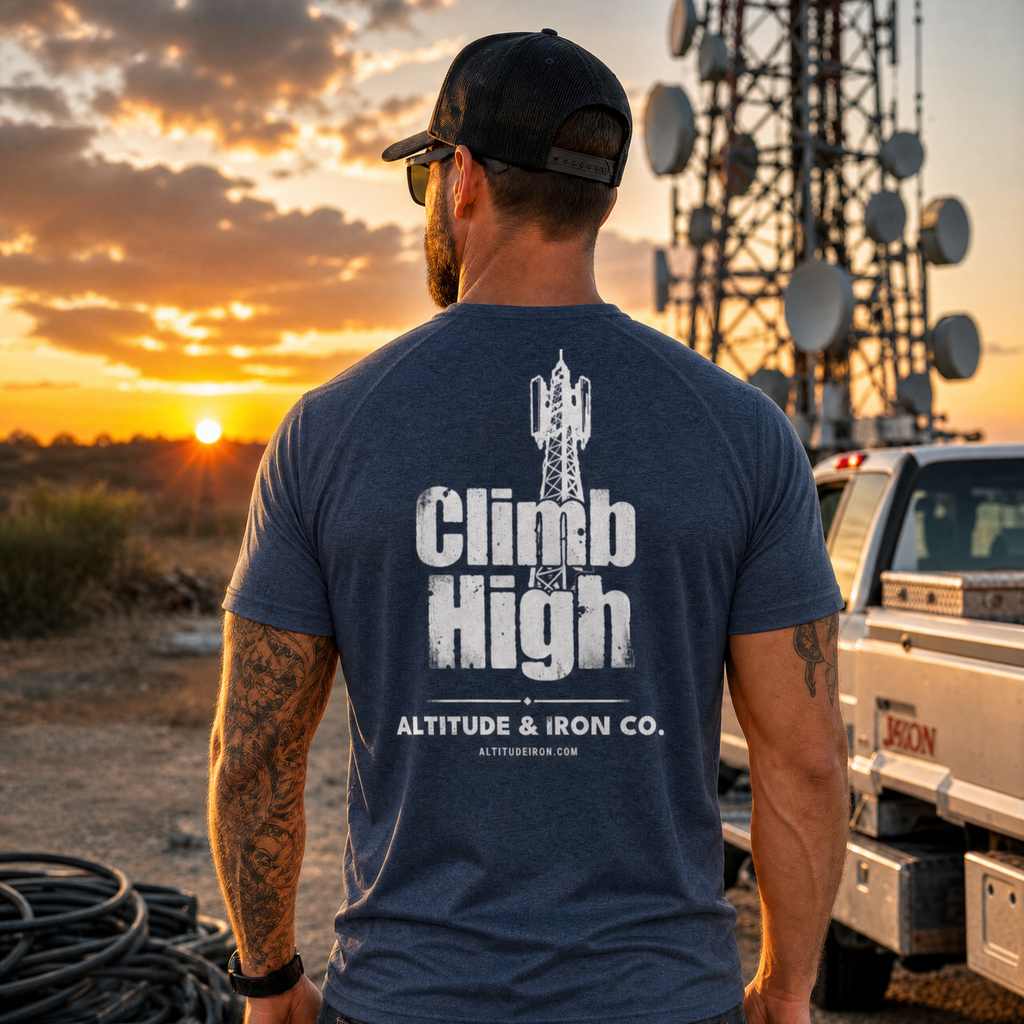 "Climb High" Tower Climber Graphic Tee — Unisex Trade T-Shirt | Altitude & Iron