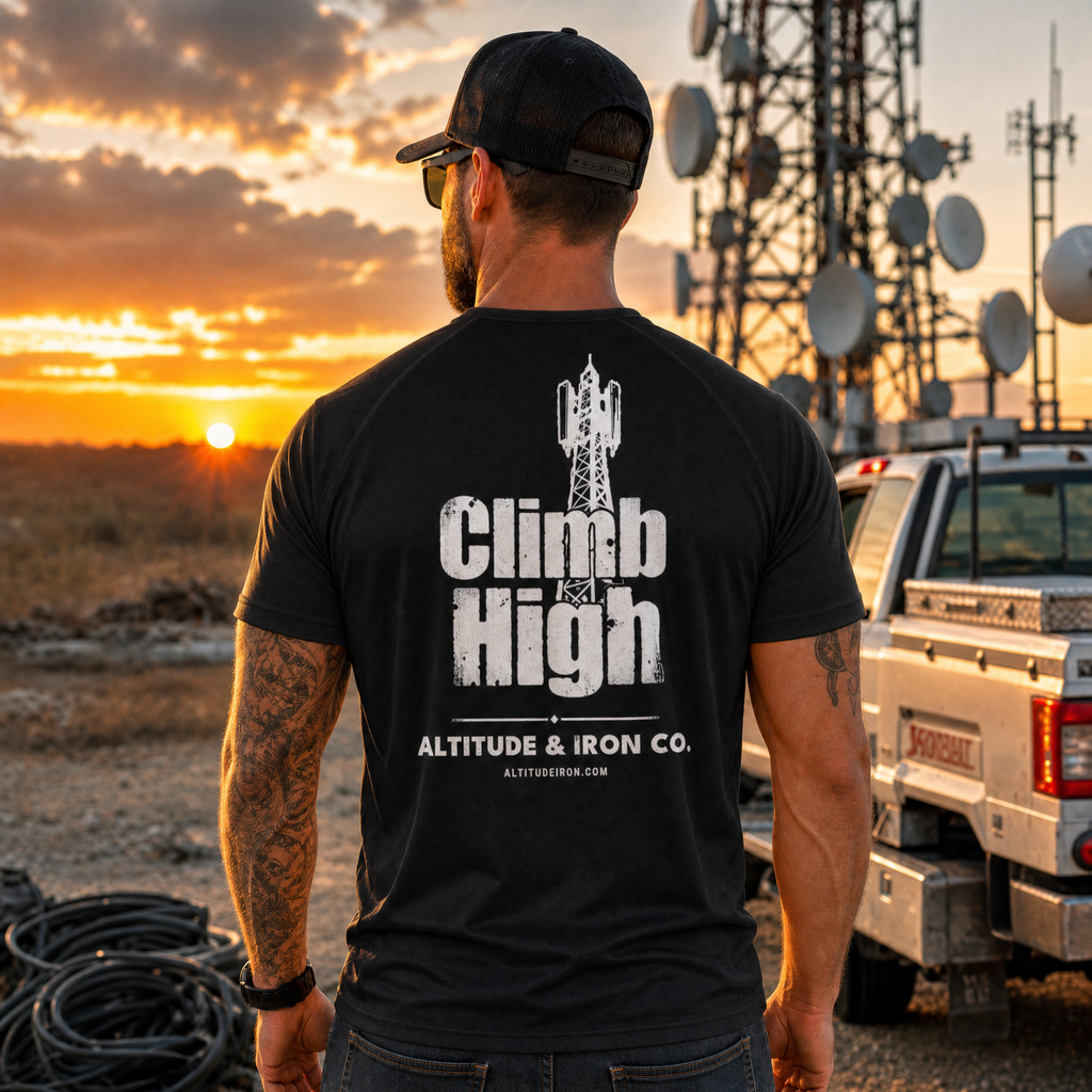 "Climb High" Tower Climber Graphic Tee — Unisex Trade T-Shirt | Altitude & Iron